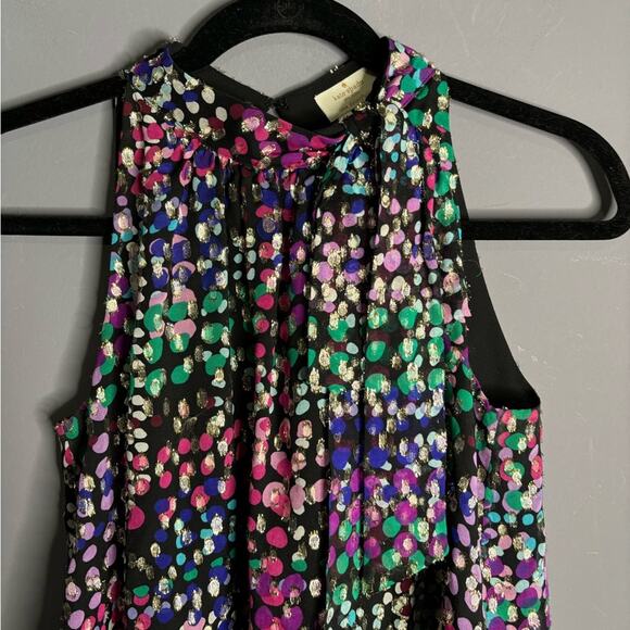 Kate Spade Purple and Green Print Sleeveless Blouse Gold Metallic Detail Size XS - Picture 2 of 7